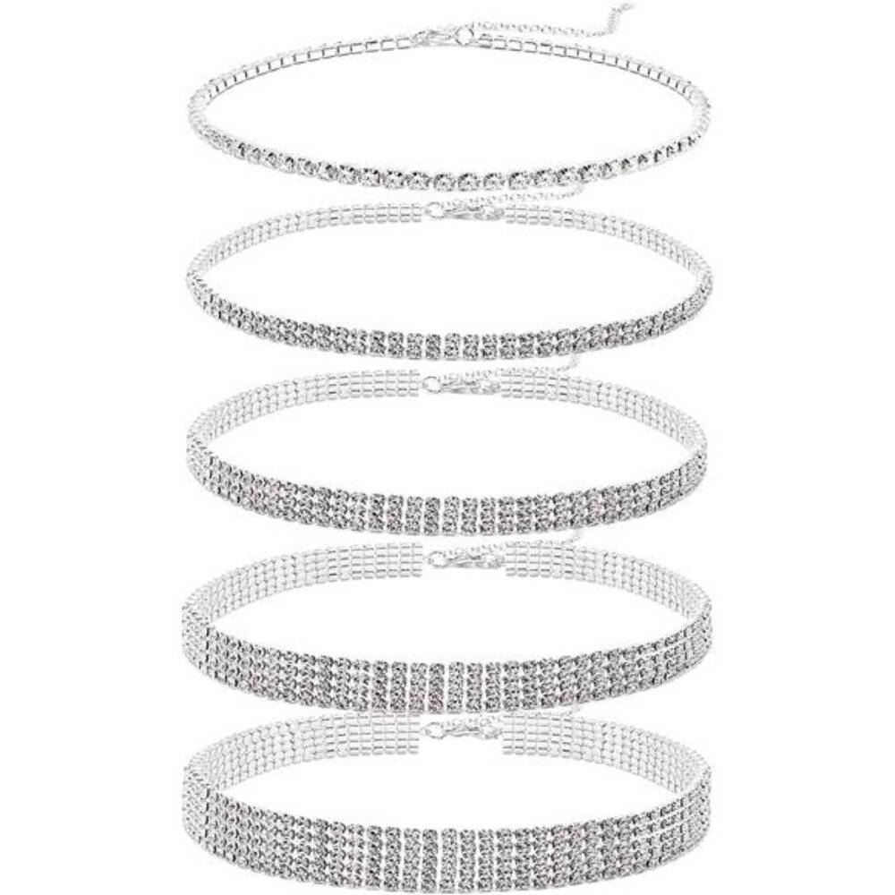 5 Pieces Rhinestone Choker Necklaces Silver Gold Plated Sparkly Diamond Choker